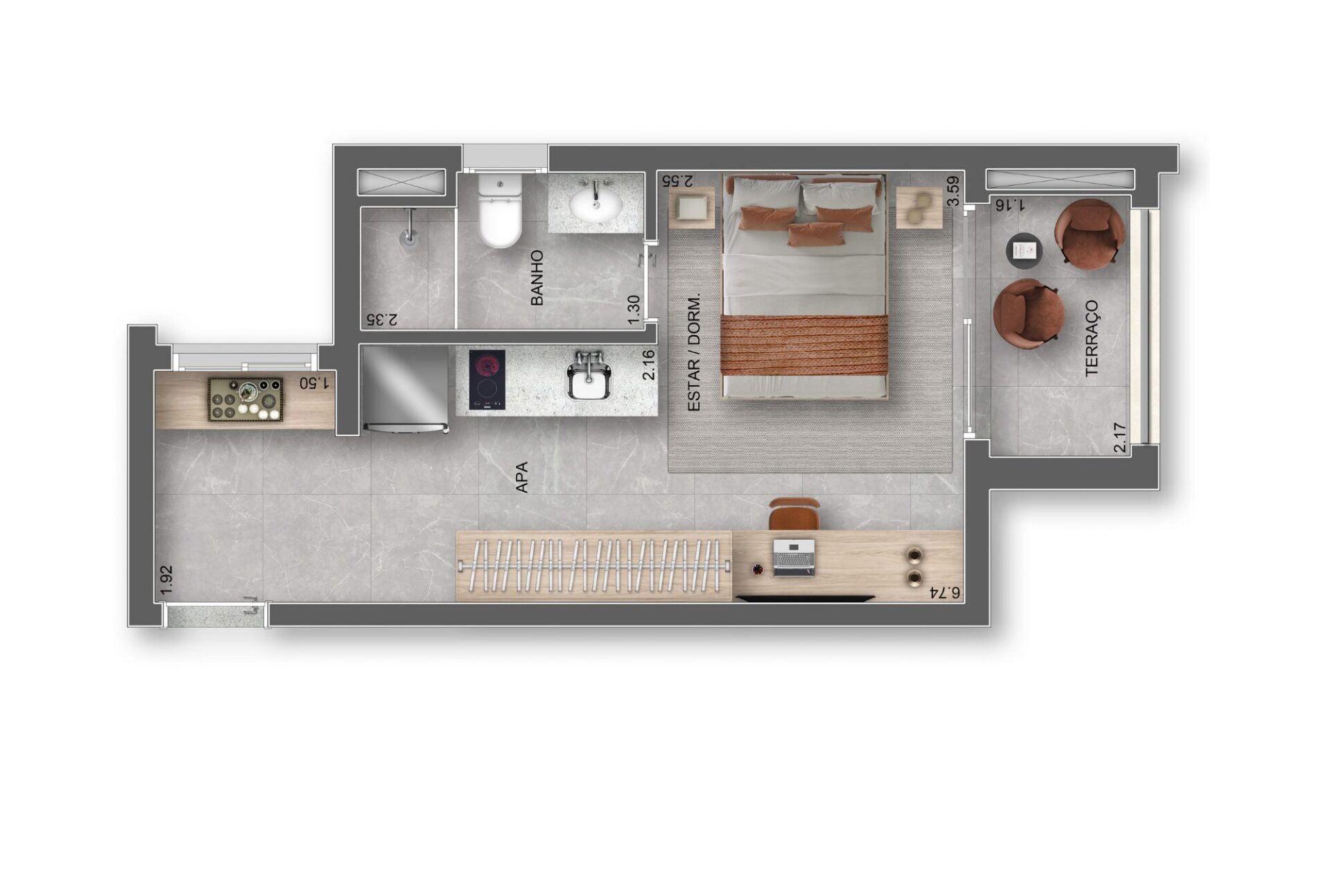 Planta 28m² — 1 dorm. — Home Spaces - Auge Resort Tatuapé By Diálogo
