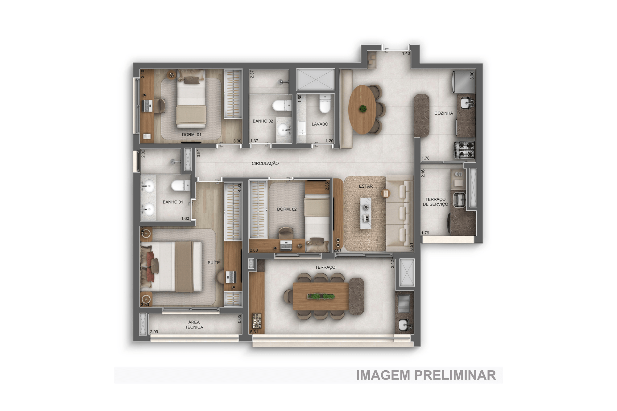 Planta 93m² — 3 dorms. (1 suíte) - GranDiálogo Parque da Mooca