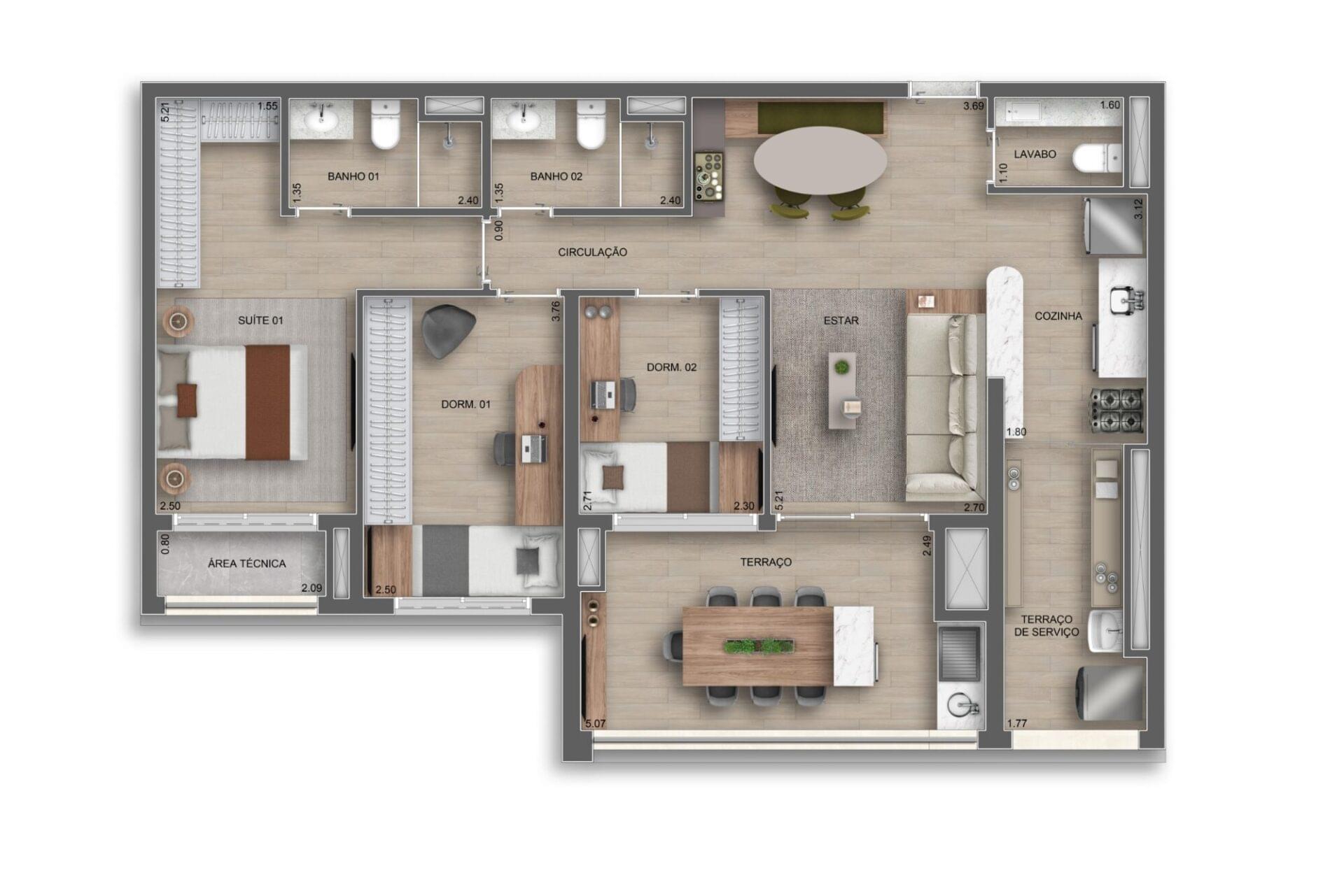 Planta 96m² — 3 dorms. (1 suíte) com lavabo — Torre Residences - Auge Resort Tatuapé By Diálogo