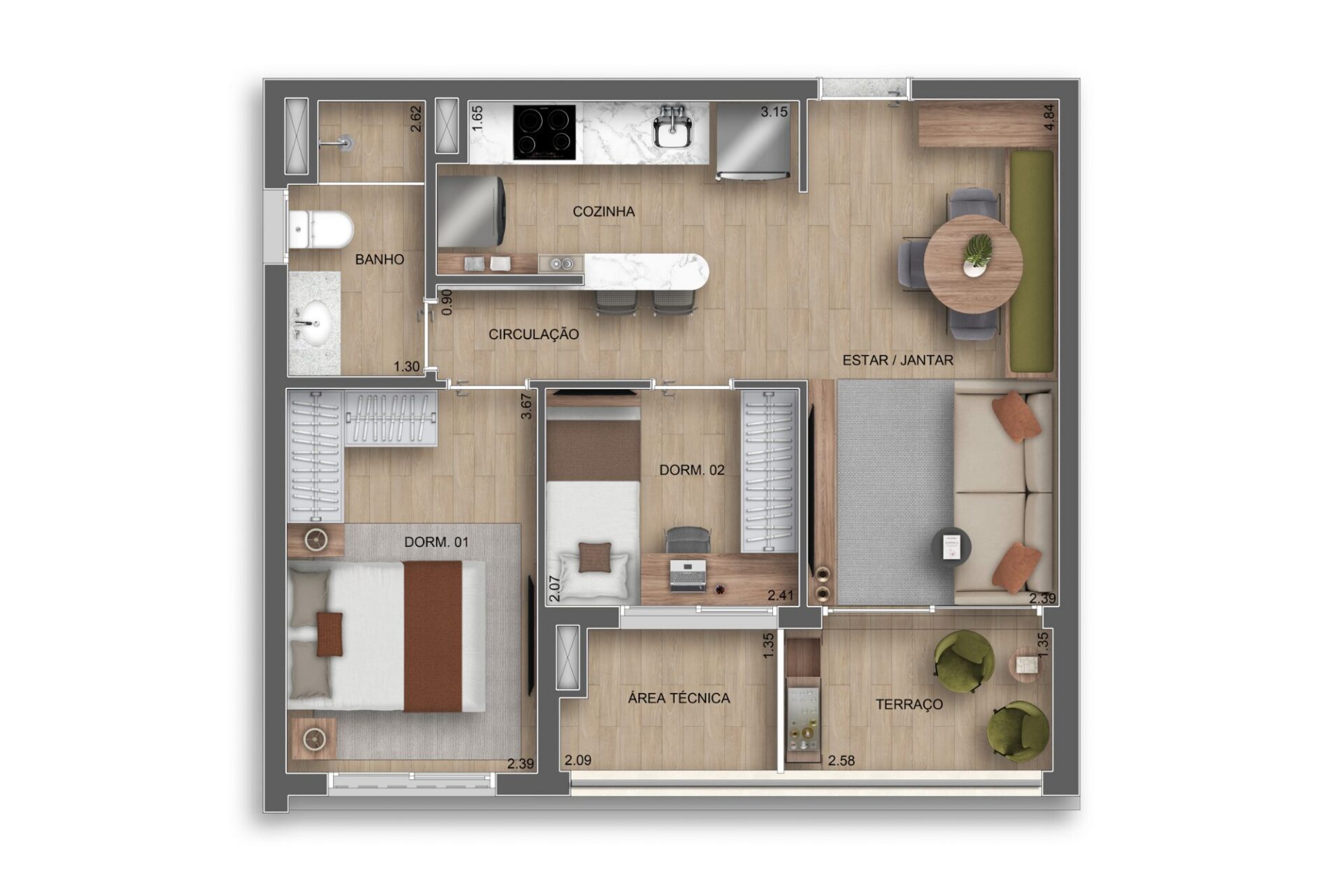 Planta 52m² — 2 dorms. — Home Spaces - Auge Resort Tatuapé By Diálogo