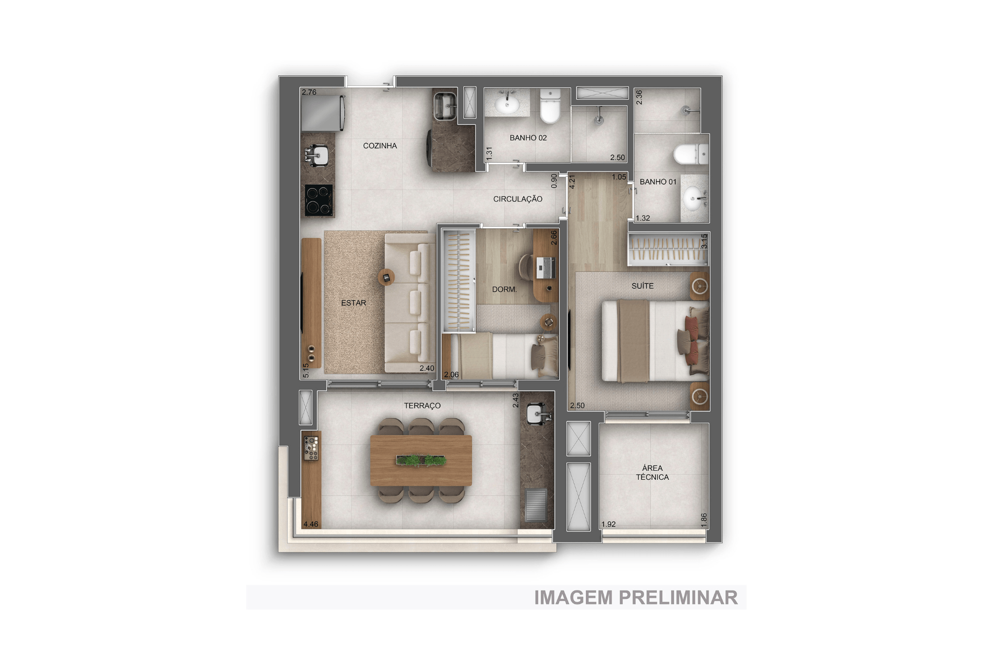 Planta 61m² — 2 dorms. (1 suíte) - GranDiálogo Parque da Mooca