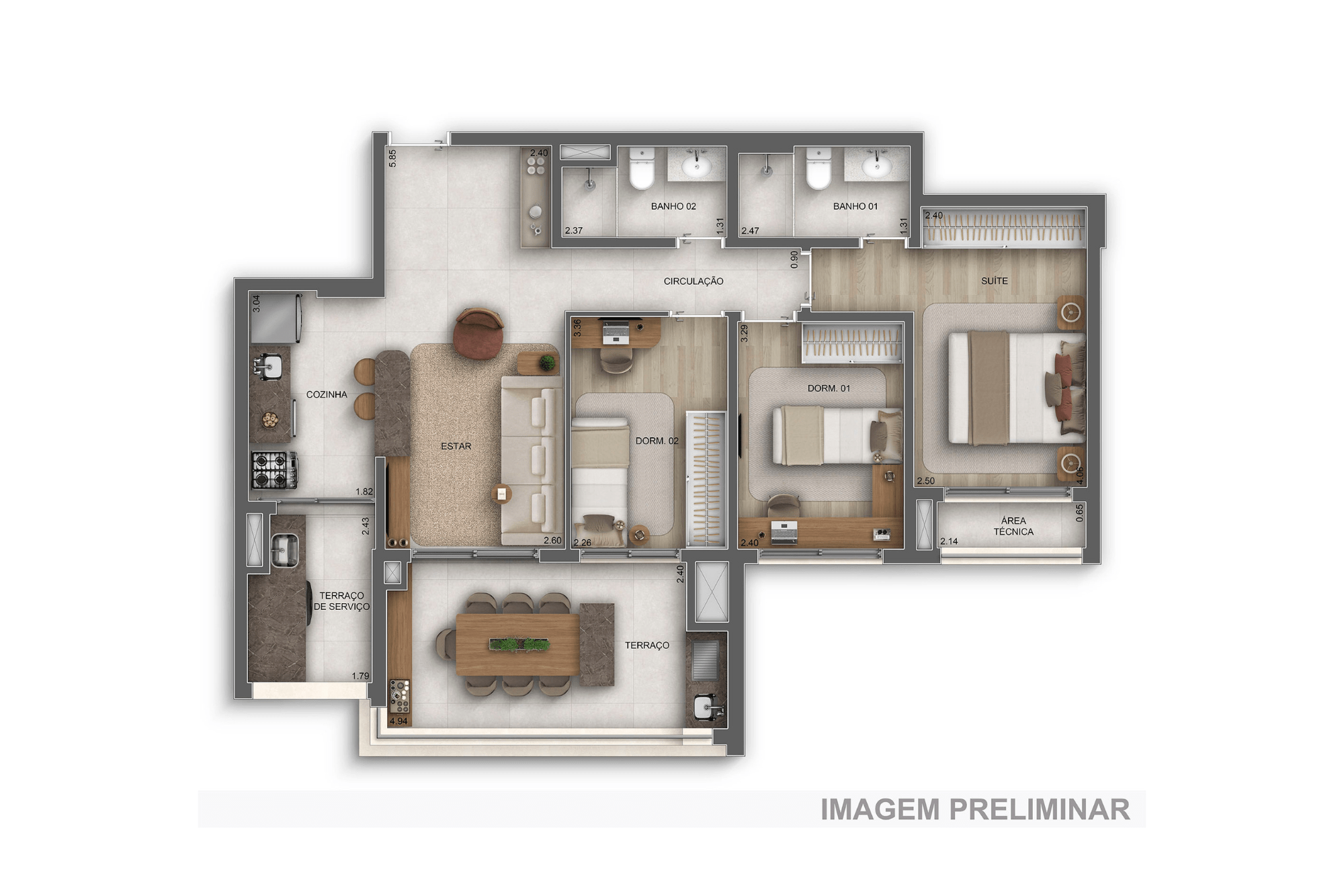 Planta 88m² — 3 dorms. (1 suíte) - GranDiálogo Parque da Mooca